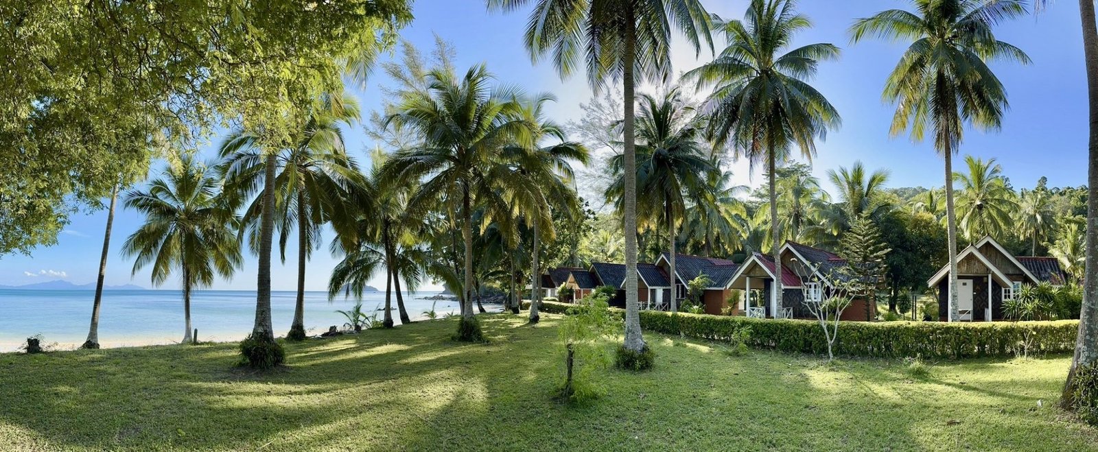 Pansand Resort bungalows surrounded by tropical palms beside the sea